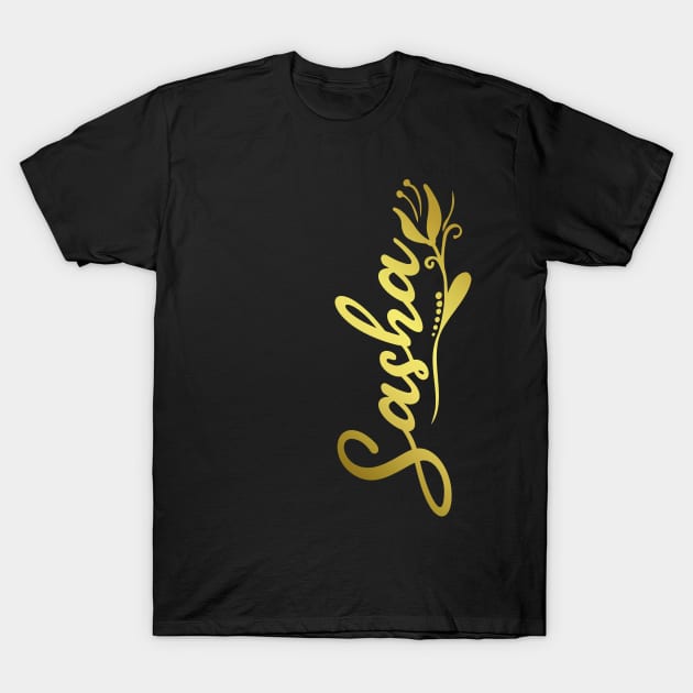 Sasha Name Faux Gold Yellow Tulip Flourish T-Shirt by xsylx